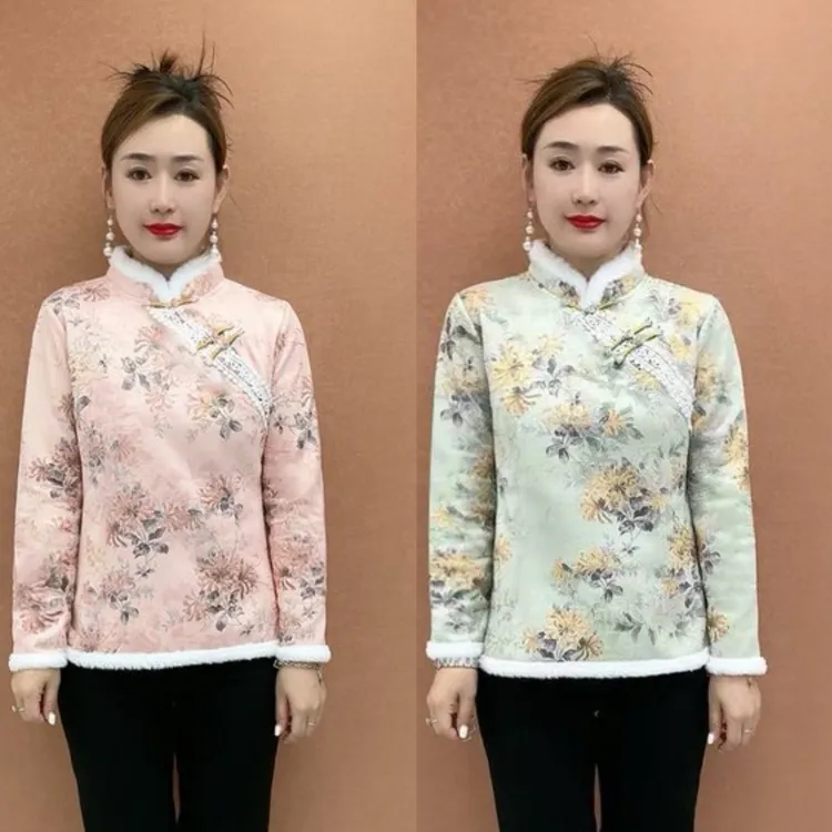 秋冬加绒加厚中老年女装棉袄时尚复古民族风妈妈外套
