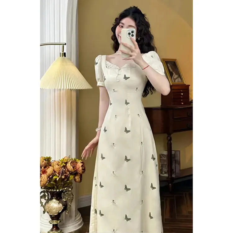 肖夫人凉风有信初春泡泡袖复古法式修身天甜美短袖连衣裙收腰