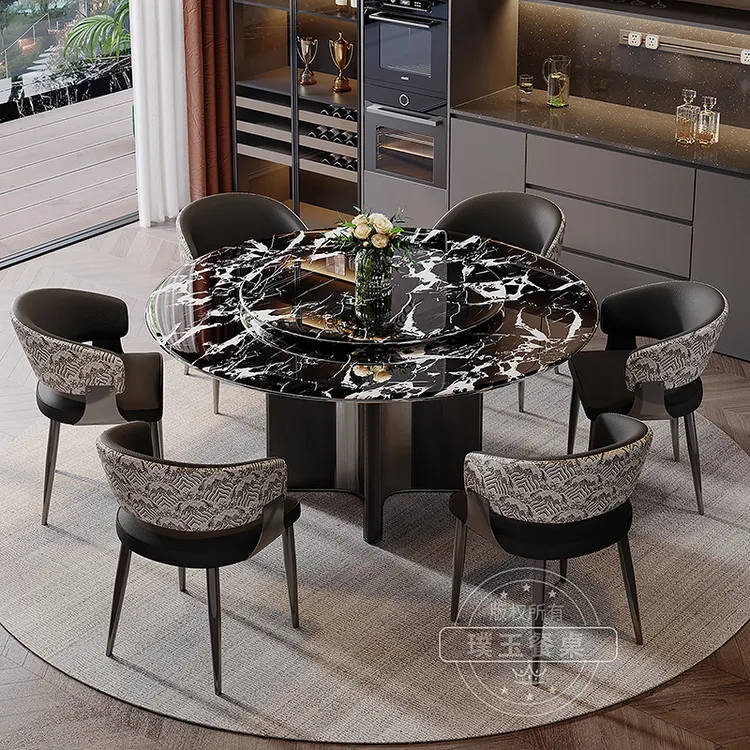 宝格丽黑天然大理石餐桌2025新款轻奢可旋转家用大理石圆桌餐组合