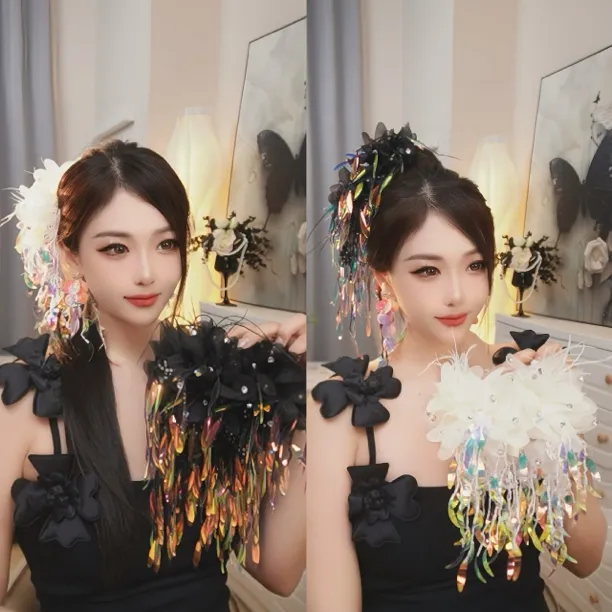 【彩虹微笑】百搭时尚个性气质花朵彩色流苏抓夹