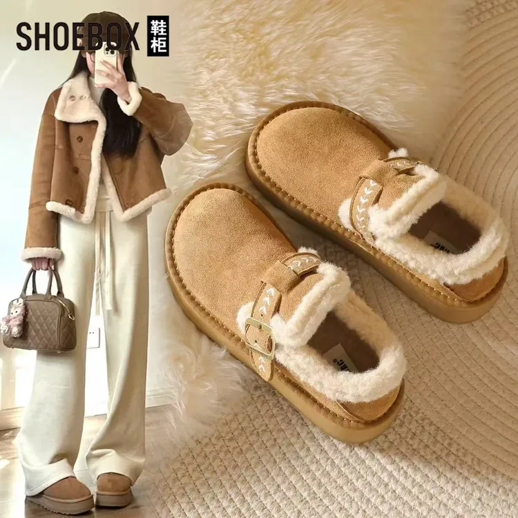 达芙妮旗下鞋柜厚底加绒勃肯鞋女2025冬季保暖雪地靴女一脚蹬棉鞋