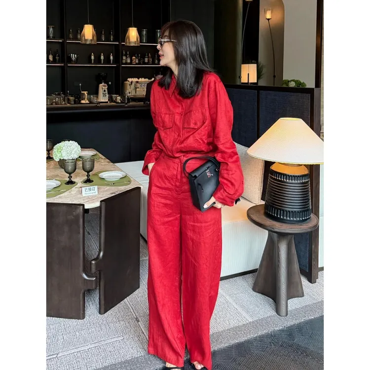 今年流行漂亮独特上衣超好看高级感别致红色衬衫长袖红色裤子套装