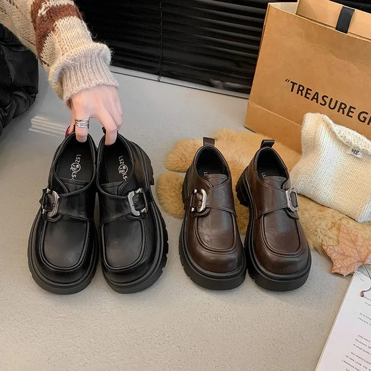 厚底增高乐福鞋女秋冬新款软底百搭复古英伦风圆头单鞋小皮鞋黑色