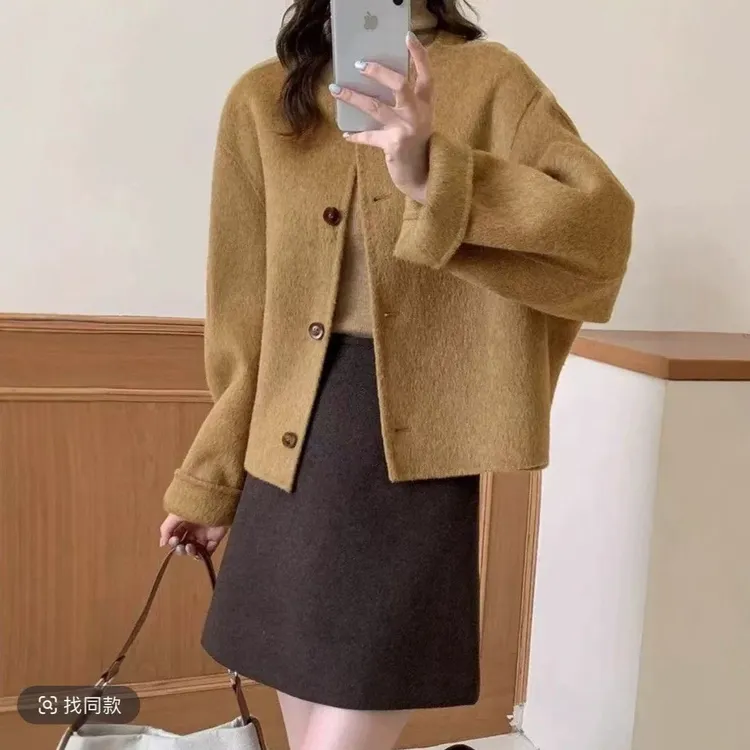 双面羊毛毛呢大衣2025秋冬韩系短款圆领小香风宽松短款外套