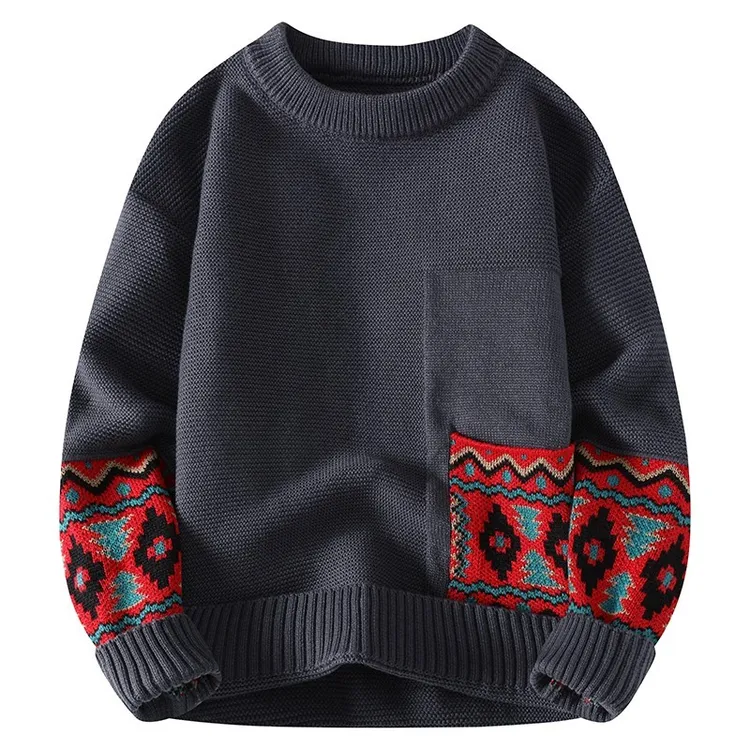 仓石一树潮牌圆领套头毛衣男士冬季新款复古民族风拼接休闲针织衫