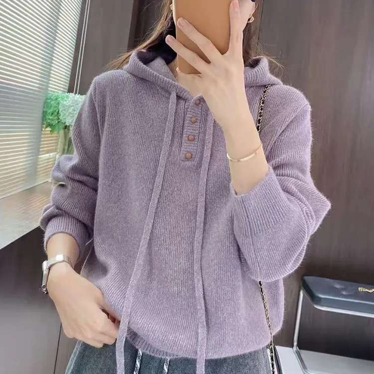 秋冬女紫色连帽毛衣宽松慵懒风软糯减龄显瘦内搭打底针织衫上衣