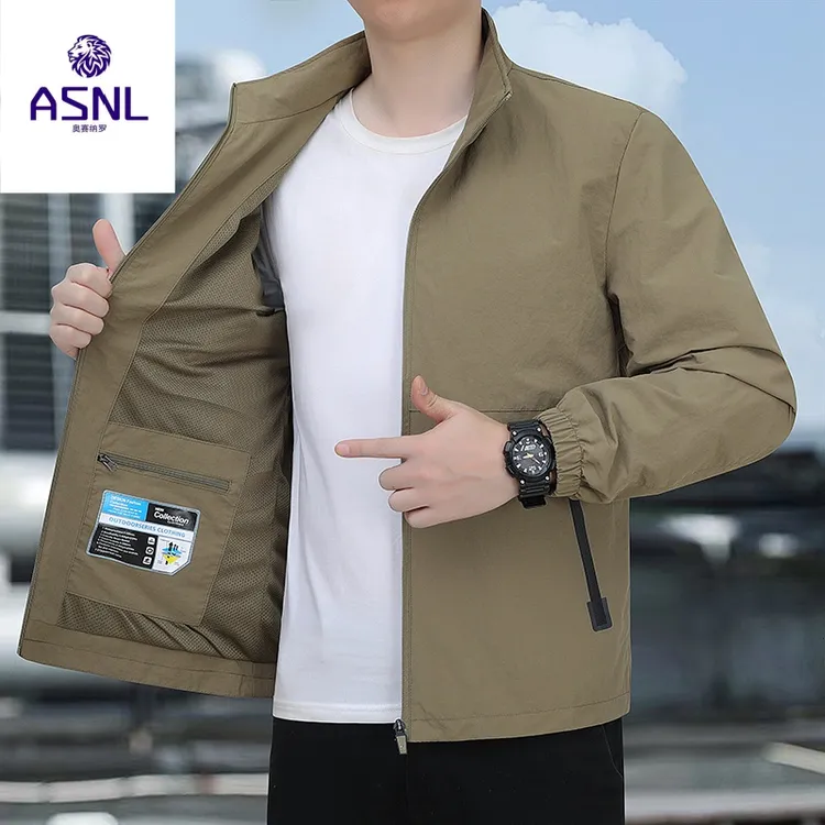 春秋外套男薄款单层冲锋衣无帽立领休闲上衣短款运动风衣户外夹克
