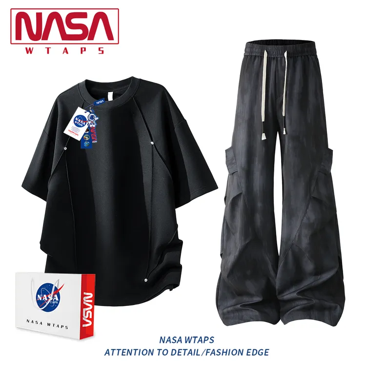 NASA WTAPS美式加肥加大码短袖套装男夏季薄款t恤扎染长裤两件套