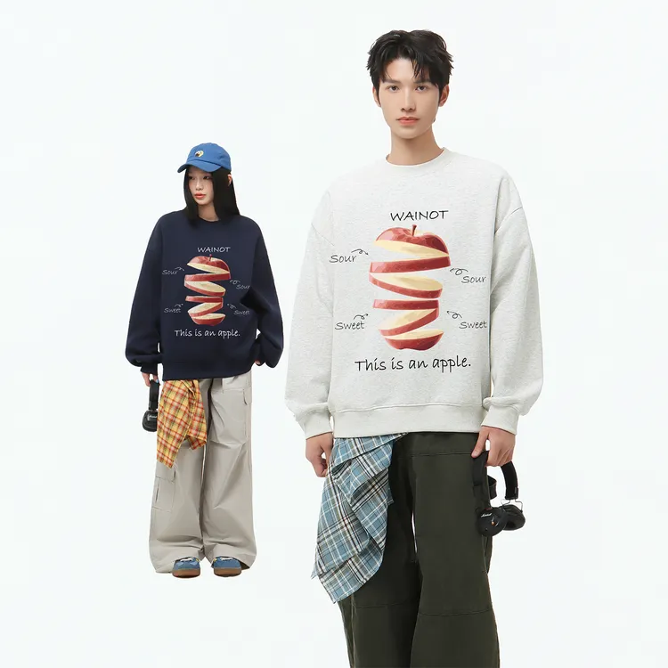 WAINOT小众潮牌白花灰情侣装苹果卫衣秋季400g重磅宽松圆领上衣男