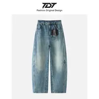 「TDT」2025秋季新款卡通猫咪腰牌高腰宽松复古街头镰刀牛仔裤女