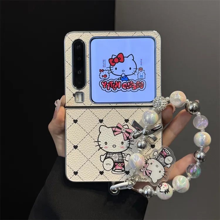 适用华为purax典藏版折叠屏手机壳pocket2皮质格纹kt猫小熊链条女