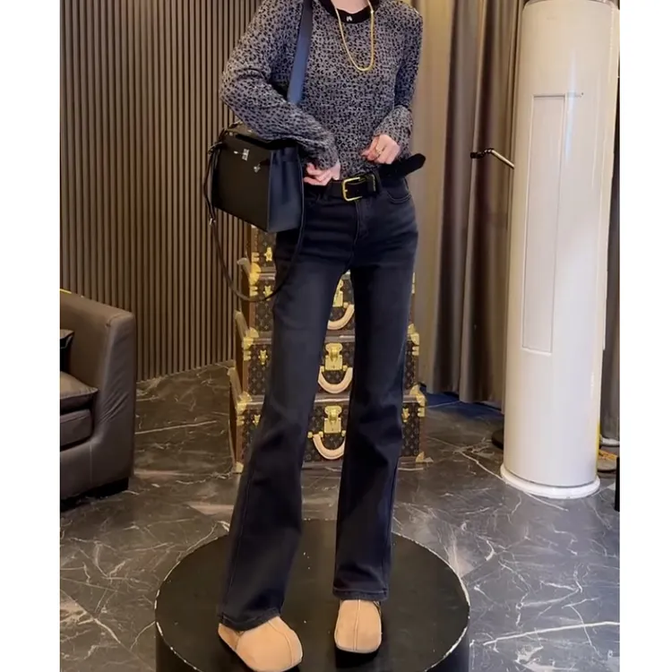 黑灰小个子微喇牛仔裤女秋冬加绒高腰百搭弹力显瘦修身喇叭长裤子