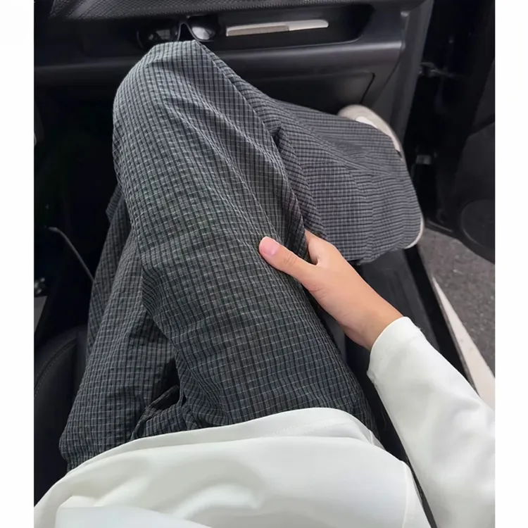 泡泡纱格纹弯刀裤男早秋宽松大码休闲小西裤老钱风松弛感简约长裤