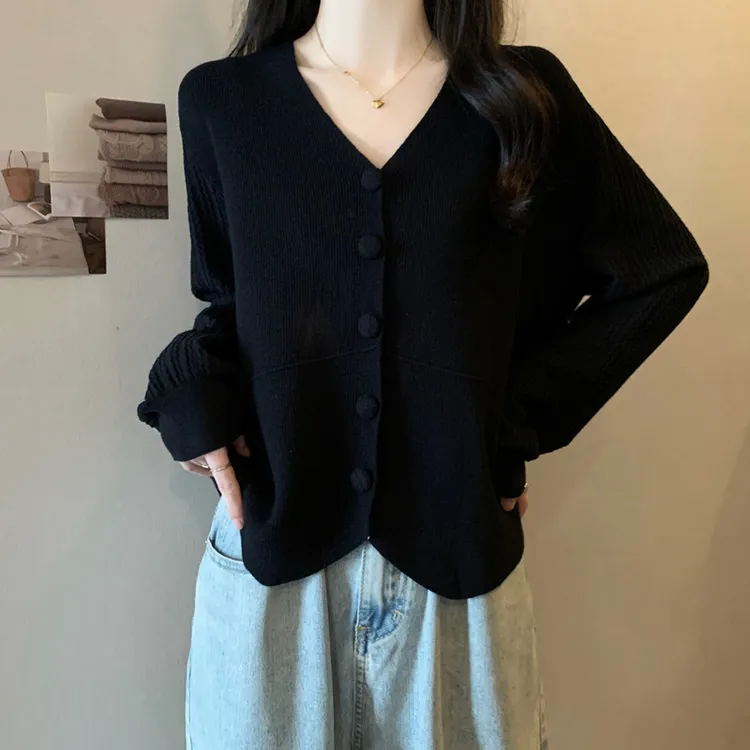 大码遮肚子单排扣针织开衫毛衣女秋季微胖宽松显瘦内搭上衣打底衫