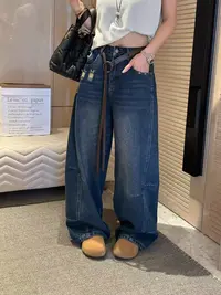 复古蓝色弯刀牛仔裤女秋季高腰显瘦直筒宽松阔腿牛仔裤