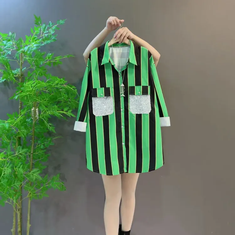 7337春季新款POLO领减龄条纹衬衫宽松百搭设计感大码长袖开衫上衣