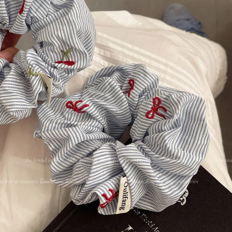 刺绣红色蓝条纹大肠发圈女韩系高级感头绳2025新款扎头发皮筋头花