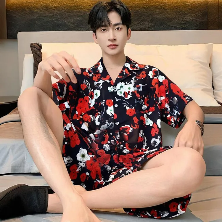 凉感男士睡衣夏季短袖短裤冰丝薄款套装夏天大码青少年男孩家居服