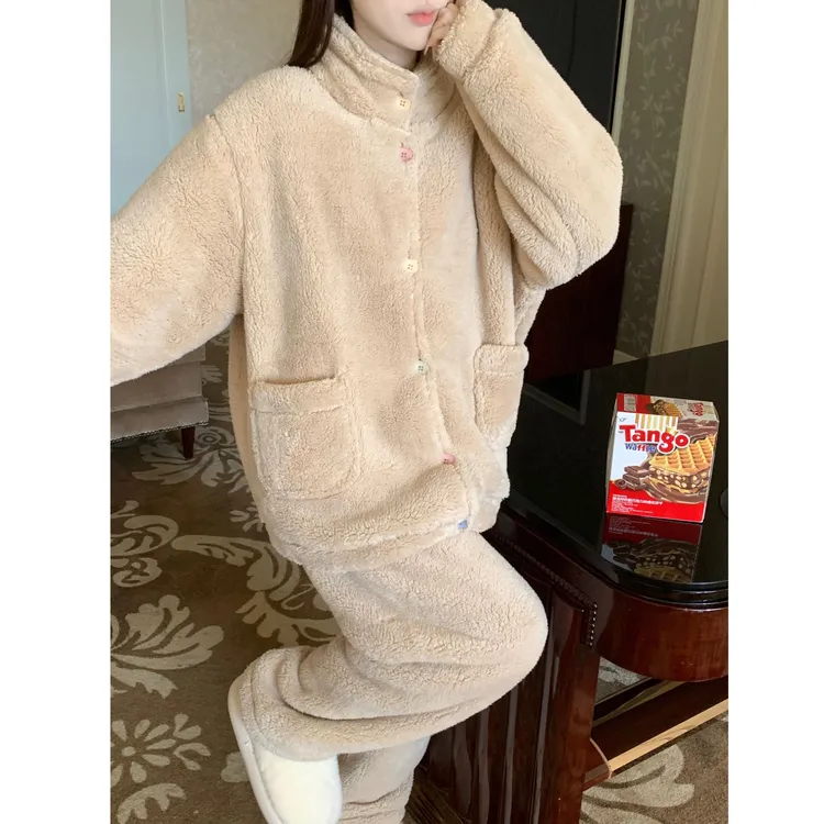 冬季加绒加厚珊瑚绒保暖睡衣女套装冬天毛绒立领宽松可外穿家居服