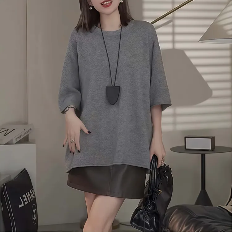 秋季宽松气质中长款针织衫上衣女士2025休闲时尚百搭大码圆领小衫