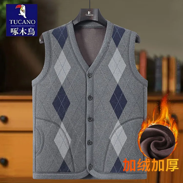 啄木鸟中老年马甲男秋冬装加绒加厚爷爷老人坎肩斜纹菱形爸爸背心