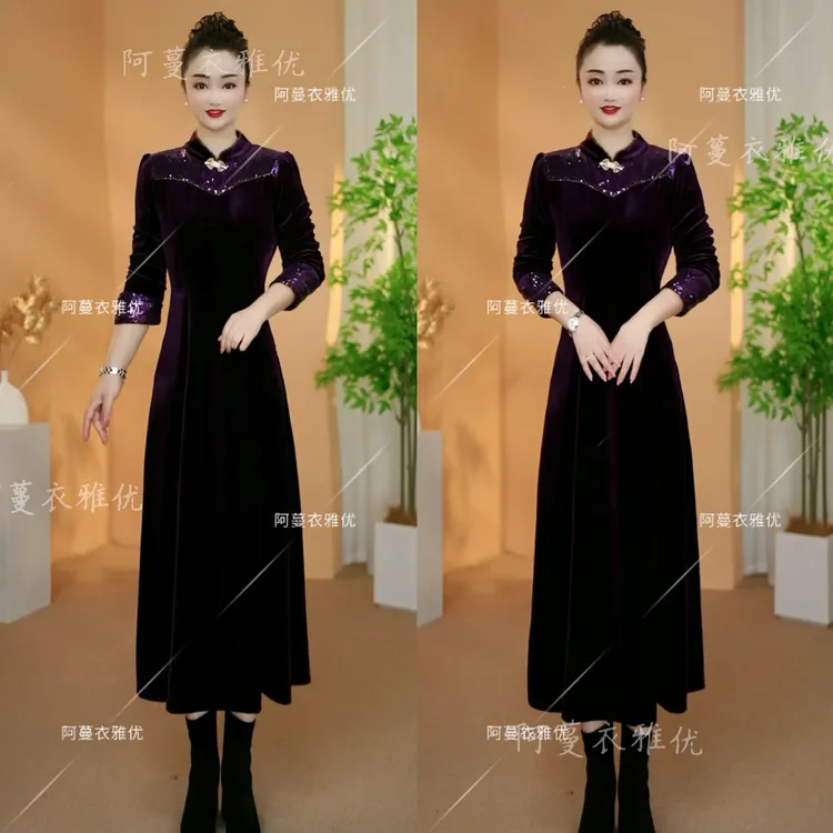 【衣雅严选】8121-2494#新款高定重磅植绒拼接亮片气质显瘦连衣裙