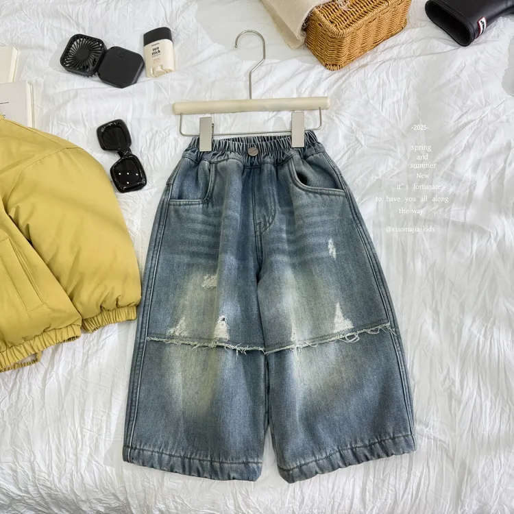 小马家2025冬款儿童加绒奥粒绒牛仔裤D-7253工装裤百搭男女童