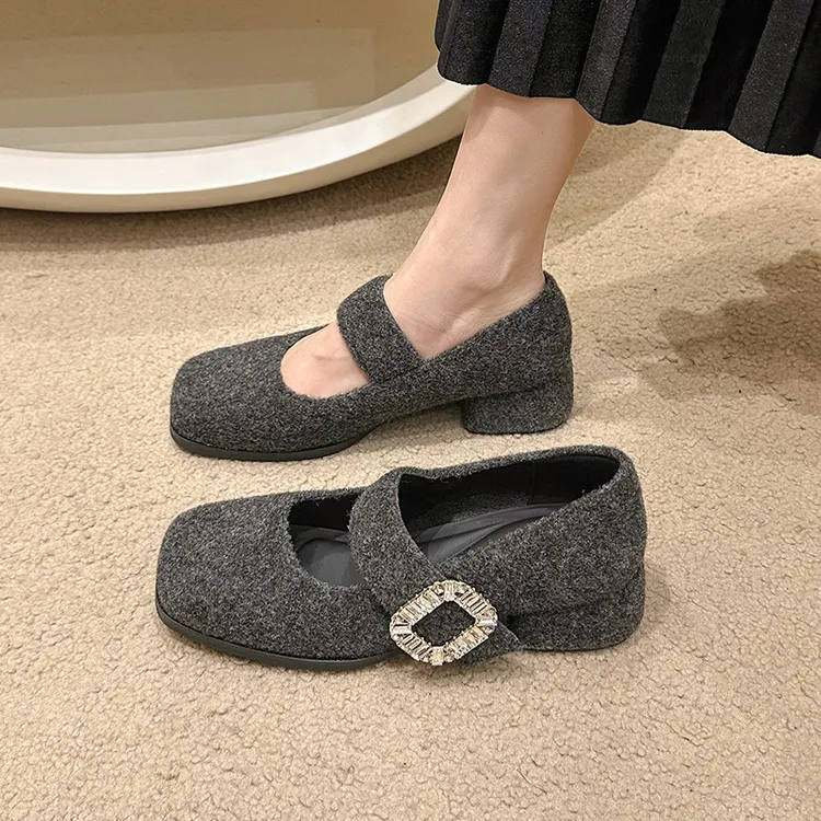 法式高跟玛丽珍毛毛鞋女鞋子2025秋冬季配裙子晚晚鞋加绒水钻单鞋