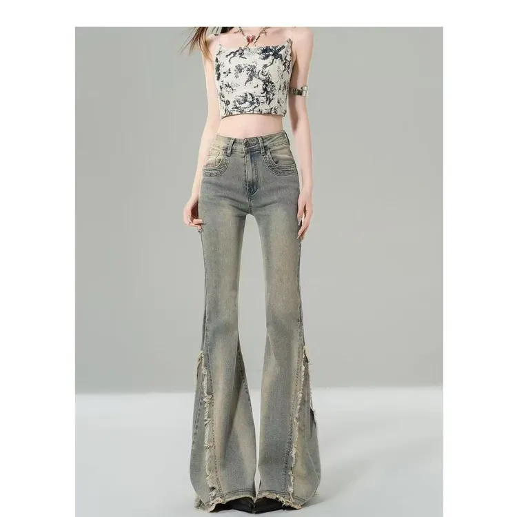 胖mm美式复古水洗毛边拼接微喇牛仔裤女大码街头辣妹显瘦阔腿长裤