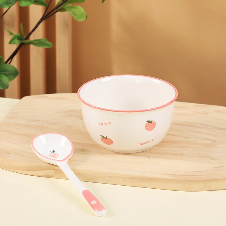 水蜜桃陶瓷碗家用好看的餐具2碗勺/4碗勺米饭碗吃饭碗釉下彩A512