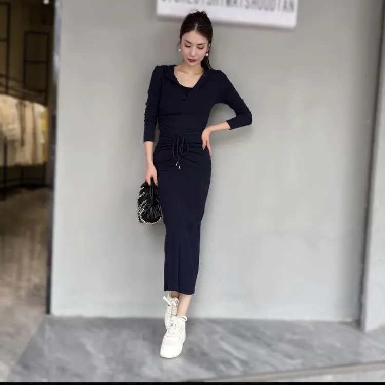 【俊英】早秋镂空开叉长袖套装连衣裙女2025早秋新款修身包臀长裙