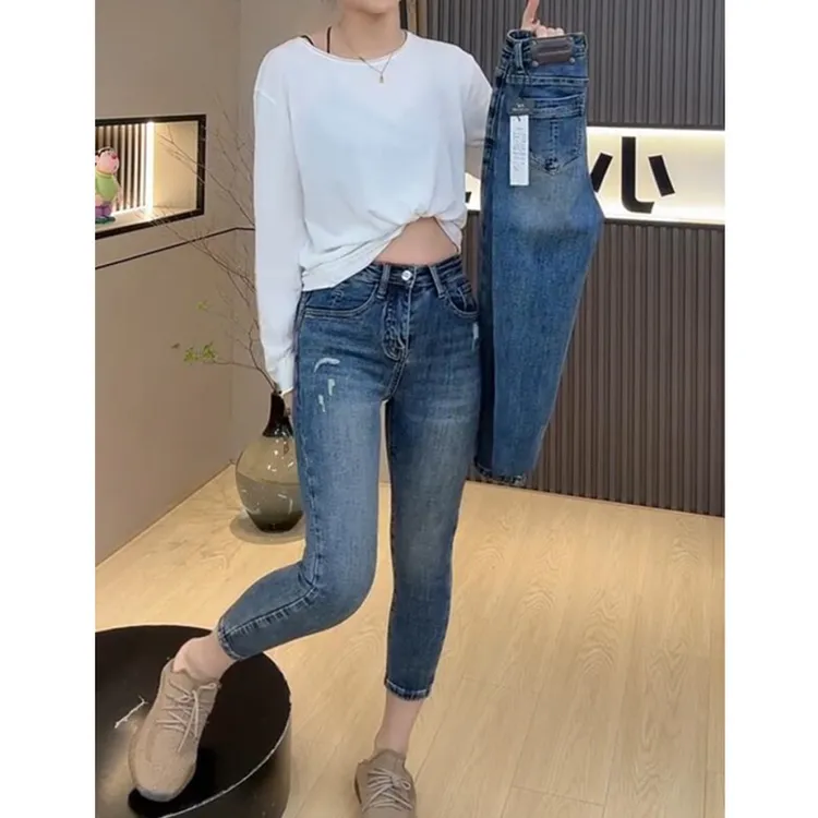 2025年春季新款小个子弹力铅笔牛仔裤女梨型身材大码显瘦小脚裤