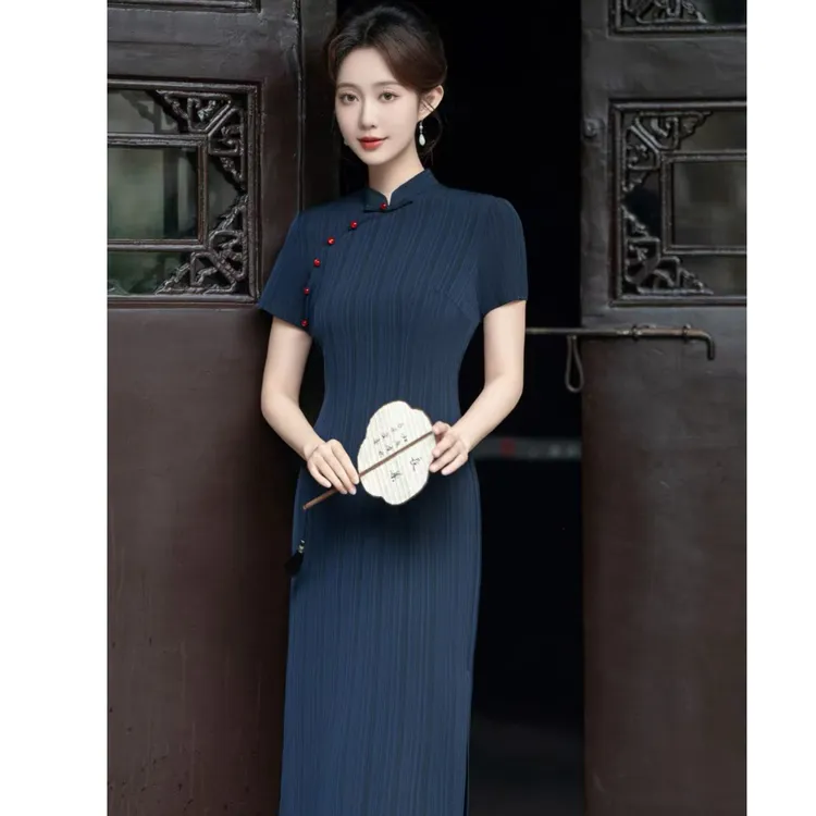 【心懂旗袍-素色】条纹单层夏款罗织透气日常雅致旗袍