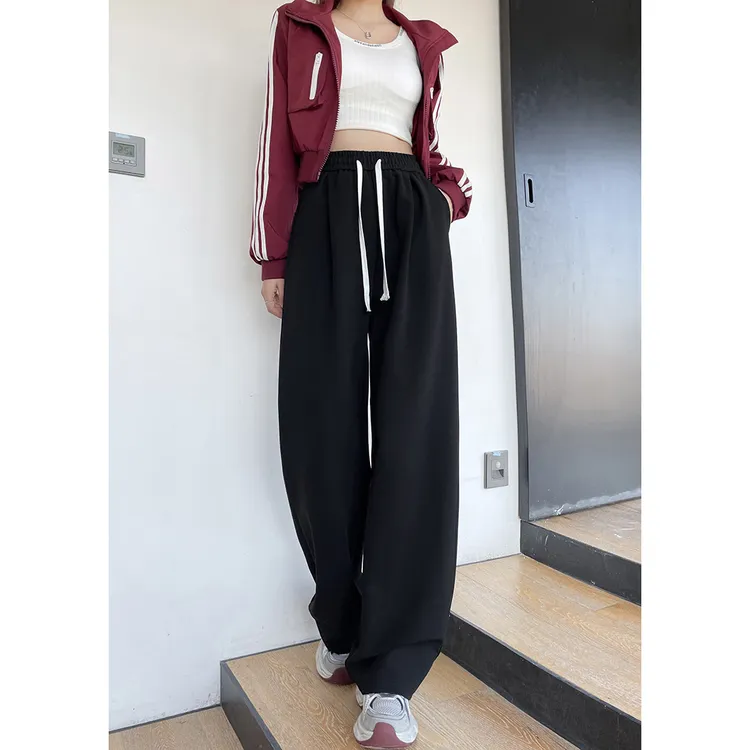 针织阔腿裤女春季2025新款宽松直筒小个子休闲黑色高腰窄版裤子潮