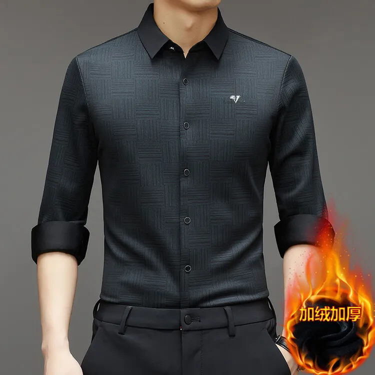 休闲狼男士冬季加绒加厚印花衬衫商务休闲抗皱免烫保暖高档衬衫