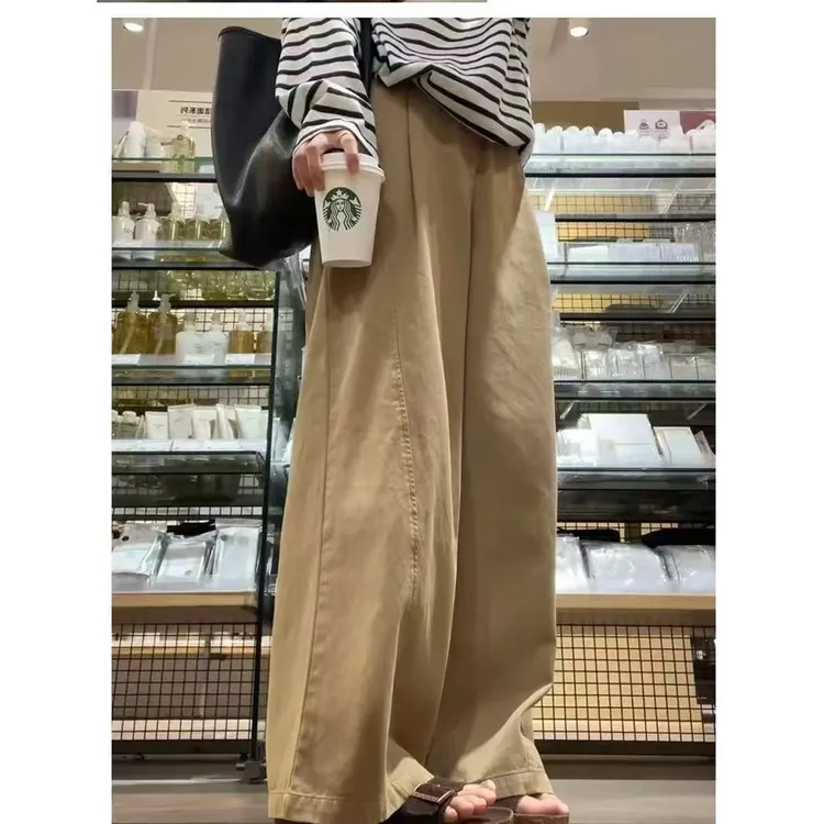慵懒感卡其~2025新款秋季小个子显瘦宽松女工装阔腿休闲裤