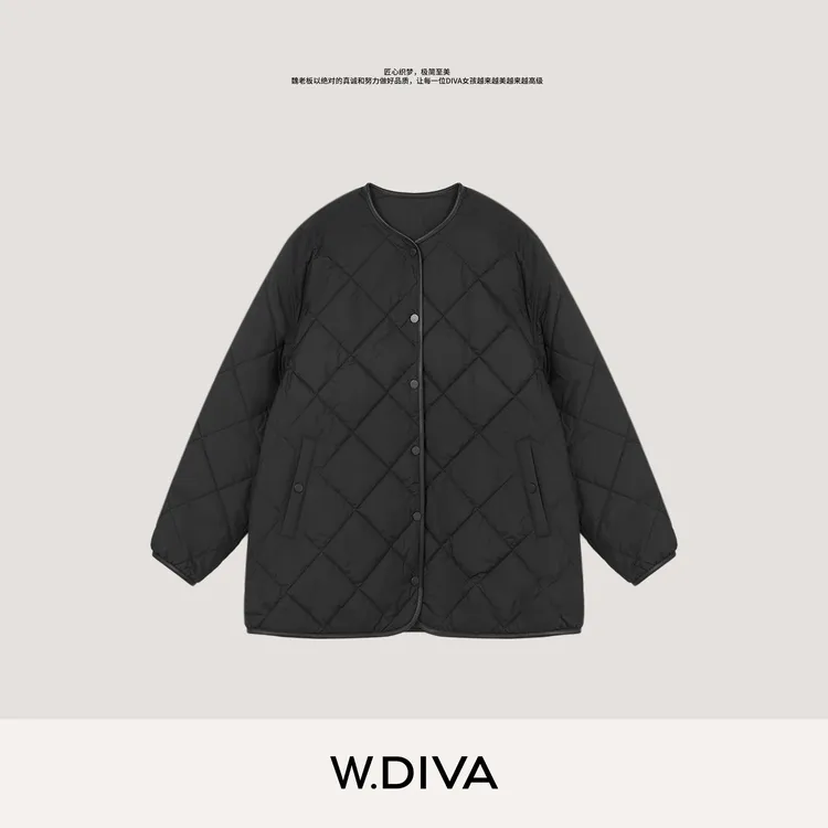 W.Diva【克轻】羊皮3M棉休闲松弛感菱格纹衍缝无领棉服54C053312