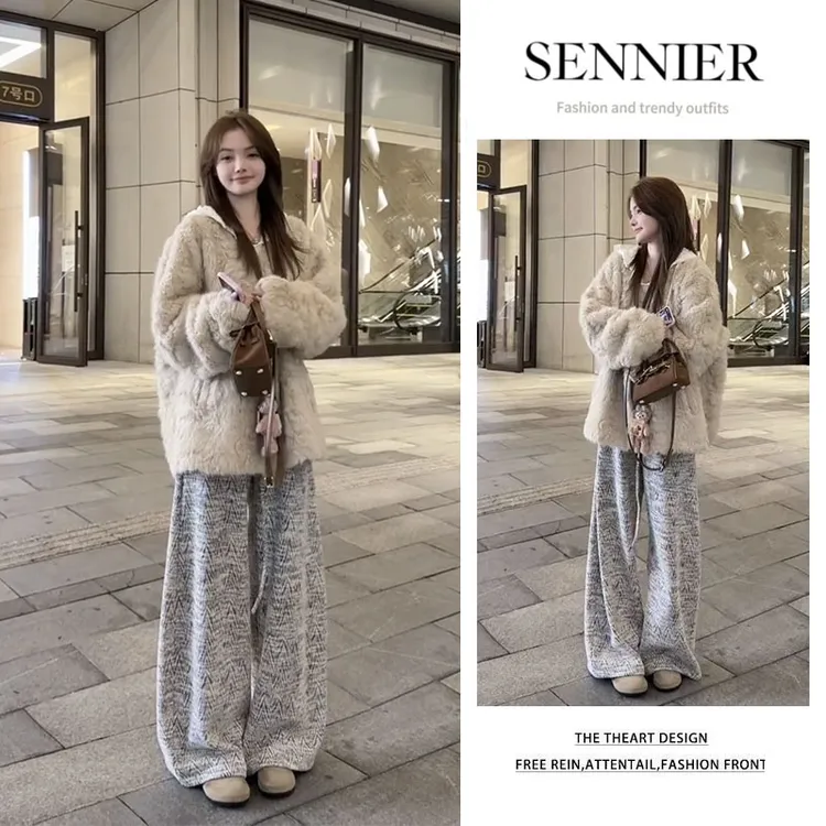 时尚穿搭女2025秋冬新款百搭宽松长袖外套显瘦阔腿休闲裤两件套装