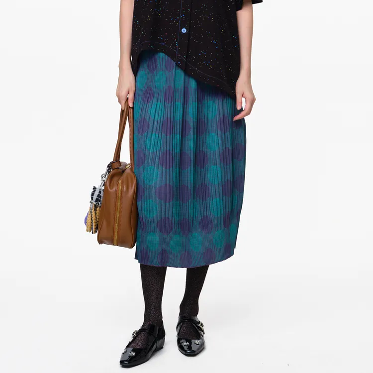 MOVEUP幻走2025夏季新款.FUN 松紧腰波点印花压褶半身裙3EWX20603