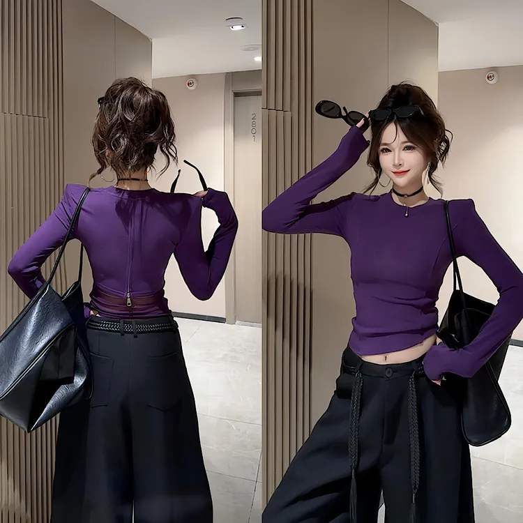 【钻石店铺优选】早秋新品时尚设计感后背网纱拼接显瘦小圆领上衣女