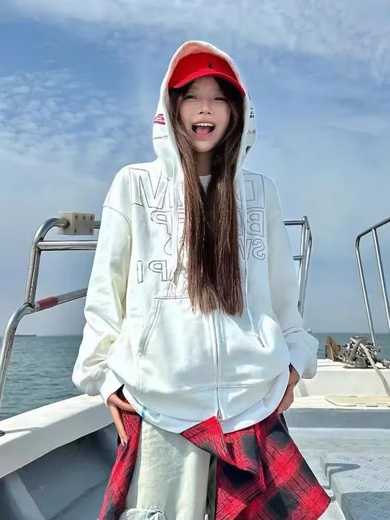 2025秋冬新款美式字母印花复古拉链开衫连帽卫衣宽松休闲上衣潮