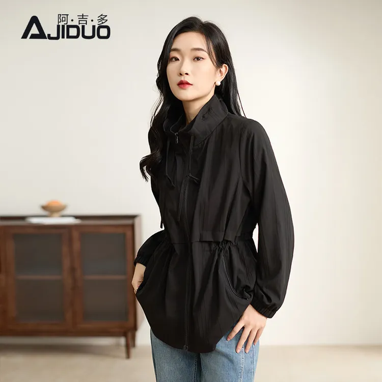 阿吉多长袖黑色风衣外套女春季2026新款简约高级大码显瘦通勤上衣