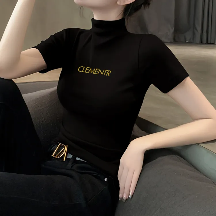 短袖t恤女2025春夏新款欧货黑色高领打底衫内搭复古洋气冰丝上衣