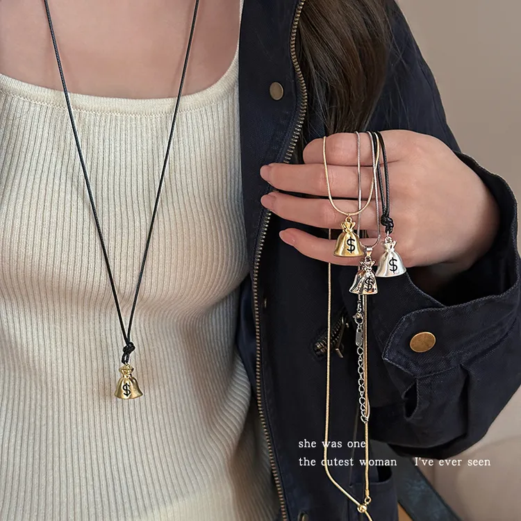 合金项链 设计感小钱袋子吊坠项链女小众可抽拉调节长款毛衣配饰