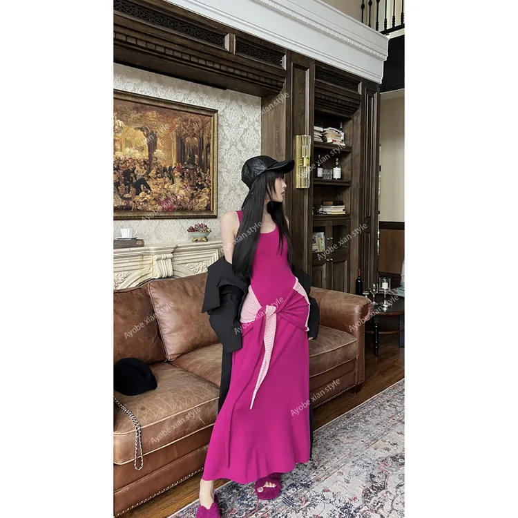 【AYOBE】小贤  法式复古勃艮第红堆堆领修身显瘦无袖长裙