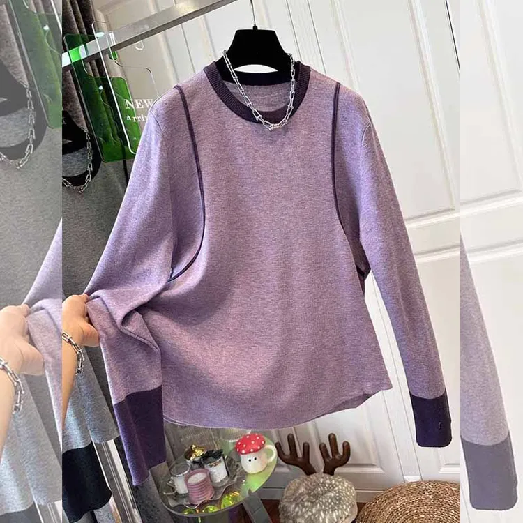 时尚休闲高级感撞色圆领大码针织衫女春秋季新品套头长袖宽松上衣