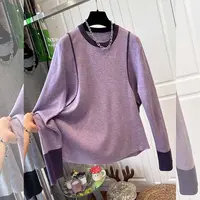 时尚休闲高级感撞色圆领大码针织衫女春秋季新品套头长袖宽松上衣
