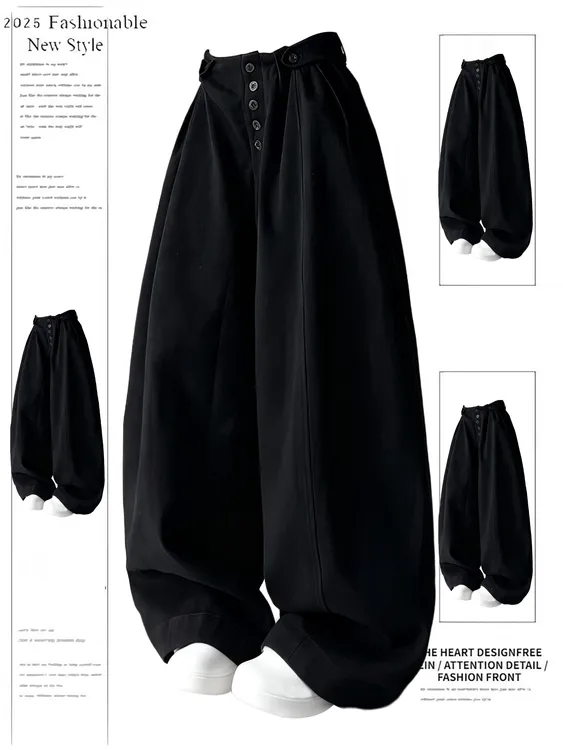 2025秋冬新款收腰单排扣低腰工装裤宽松休闲百搭显瘦阔腿弯刀裤女