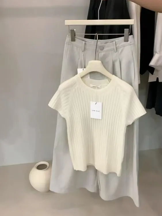 法式气质小飞袖针织冰丝短袖t恤2025夏季新款百搭休闲裤两件套装