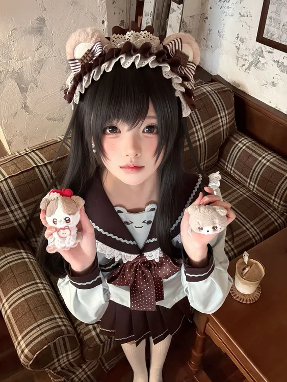 糖果物语原创【薄荷熊咖】水手服JK日系咖色甜美收腰中间服长袖套装